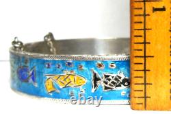 Vintage Mexico Sterling Blue Enamel Fish Sea Life Hinged Bangle Bracelet