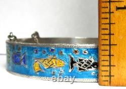 Vintage Mexico Sterling Blue Enamel Fish Sea Life Hinged Bangle Bracelet