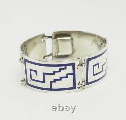 Vintage Mexico sterling silver blue enamel panel link bracelet
