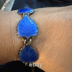 Vintage Modernist 925 Signed Norway Blue Enamel Leaf Link Sterling Bracelet