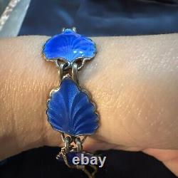 Vintage Modernist 925 Signed Norway Blue Enamel Leaf Link Sterling Bracelet