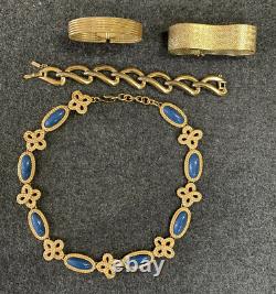Vintage Monet Gold Tone Blue Enamel Necklace Bracelet Jewelry Lot Of 4