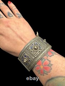 Vintage Moroccan Cobalt Enamel Sterling Huge Hinged Bangle Bracelet Hallmarked