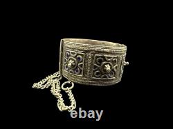 Vintage Moroccan Cobalt Enamel Sterling Huge Hinged Bangle Bracelet Hallmarked