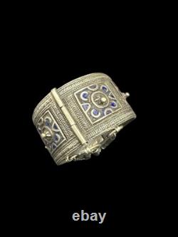 Vintage Moroccan Cobalt Enamel Sterling Huge Hinged Bangle Bracelet Hallmarked