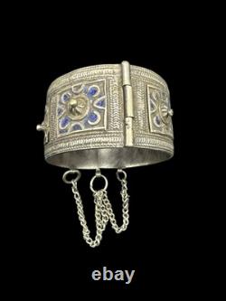 Vintage Moroccan Cobalt Enamel Sterling Huge Hinged Bangle Bracelet Hallmarked