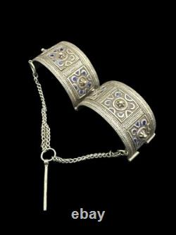 Vintage Moroccan Cobalt Enamel Sterling Huge Hinged Bangle Bracelet Hallmarked