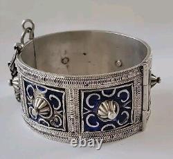 Vintage Moroccan Silver Blue Enamel Cuff Bracelet 8