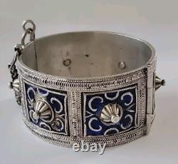 Vintage Moroccan Silver Blue Enamel Cuff Bracelet 8