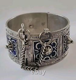 Vintage Moroccan Silver Blue Enamel Cuff Bracelet 8