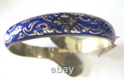 Vintage Nielloware Sterling Silver Dancing Goddess Blue Enamel Clamper Bracelet