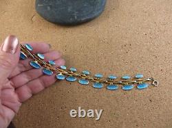 Vintage Norway Gold on Sterling Silver Blue Enamel Guilloche Panel Bracelet #108