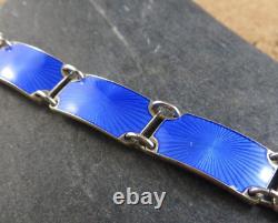 Vintage Norway Sterling Silver Royal Blue Enamel Guilloche Panel Bracelet #111