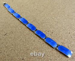 Vintage Norway Sterling Silver Royal Blue Enamel Guilloche Panel Bracelet #111