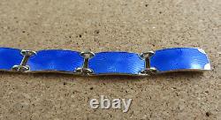 Vintage Norway Sterling Silver Royal Blue Enamel Guilloche Panel Bracelet #111