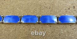 Vintage Norway Sterling Silver Royal Blue Enamel Guilloche Panel Bracelet #111