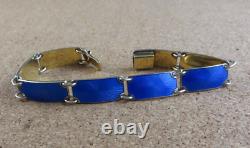 Vintage Norway Sterling Silver Royal Blue Enamel Guilloche Panel Bracelet #111