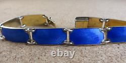 Vintage Norway Sterling Silver Royal Blue Enamel Guilloche Panel Bracelet #111