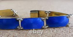 Vintage Norway Sterling Silver Royal Blue Enamel Guilloche Panel Bracelet #111