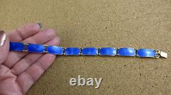 Vintage Norway Sterling Silver Royal Blue Enamel Guilloche Panel Bracelet #111