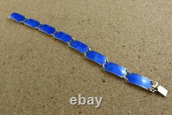 Vintage Norway Sterling Silver Royal Blue Enamel Guilloche Panel Bracelet #111