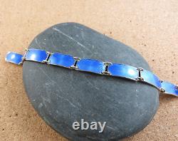 Vintage Norway Sterling Silver Royal Blue Enamel Guilloche Panel Bracelet #111