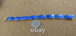 Vintage Norway Sterling Silver Royal Blue Enamel Guilloche Panel Bracelet #111