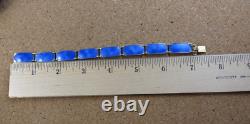 Vintage Norway Sterling Silver Royal Blue Enamel Guilloche Panel Bracelet #111