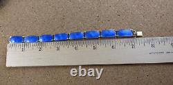 Vintage Norway Sterling Silver Royal Blue Enamel Guilloche Panel Bracelet #111