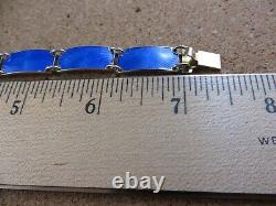 Vintage Norway Sterling Silver Royal Blue Enamel Guilloche Panel Bracelet #111