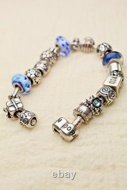 Vintage Pandora Bracelet with Charms Sterling Silver 925 Authentic Blue Enamel