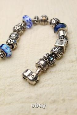 Vintage Pandora Bracelet with Charms Sterling Silver 925 Authentic Blue Enamel