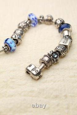 Vintage Pandora Bracelet with Charms Sterling Silver 925 Authentic Blue Enamel