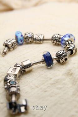 Vintage Pandora Bracelet with Charms Sterling Silver 925 Authentic Blue Enamel