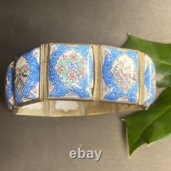Vintage Persian Tile Bracelet Wide Enamel Panel Bracelet Blue Love Birds Animals