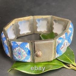 Vintage Persian Tile Bracelet Wide Enamel Panel Bracelet Blue Love Birds Animals