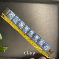 Vintage Persian Tile Bracelet Wide Enamel Panel Bracelet Blue Love Birds Animals