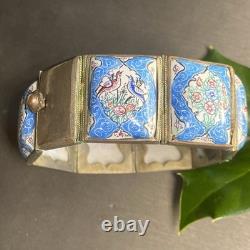 Vintage Persian Tile Bracelet Wide Enamel Panel Bracelet Blue Love Birds Animals