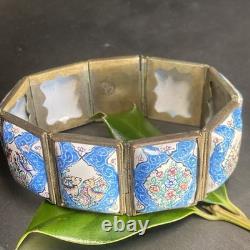 Vintage Persian Tile Bracelet Wide Enamel Panel Bracelet Blue Love Birds Animals
