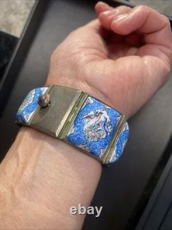 Vintage Persian Tile Bracelet Wide Enamel Panel Bracelet Blue Love Birds Animals