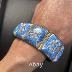 Vintage Persian Tile Bracelet Wide Enamel Panel Bracelet Blue Love Birds Animals