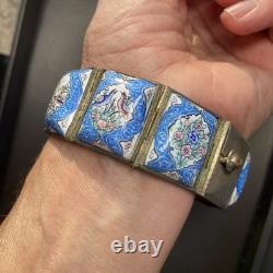 Vintage Persian Tile Bracelet Wide Enamel Panel Bracelet Blue Love Birds Animals