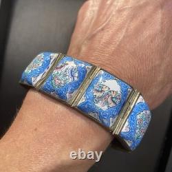 Vintage Persian Tile Bracelet Wide Enamel Panel Bracelet Blue Love Birds Animals