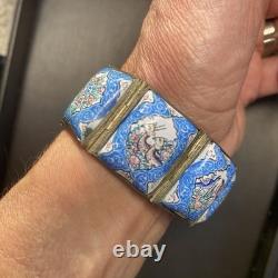 Vintage Persian Tile Bracelet Wide Enamel Panel Bracelet Blue Love Birds Animals
