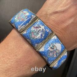 Vintage Persian Tile Bracelet Wide Enamel Panel Bracelet Blue Love Birds Animals