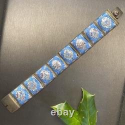Vintage Persian Tile Bracelet Wide Enamel Panel Bracelet Blue Love Birds Animals