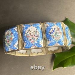 Vintage Persian Tile Bracelet Wide Enamel Panel Bracelet Blue Love Birds Animals
