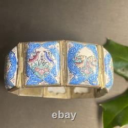 Vintage Persian Tile Bracelet Wide Enamel Panel Bracelet Blue Love Birds Animals