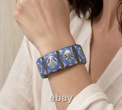 Vintage Persian Tile Bracelet Wide Enamel Panel Bracelet Blue Love Birds Animals