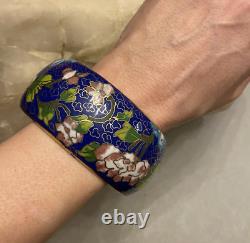 Vintage Porcelain, Blue Enamel, Gold Gilt Cloisonne Heavy & Wide Bracelet